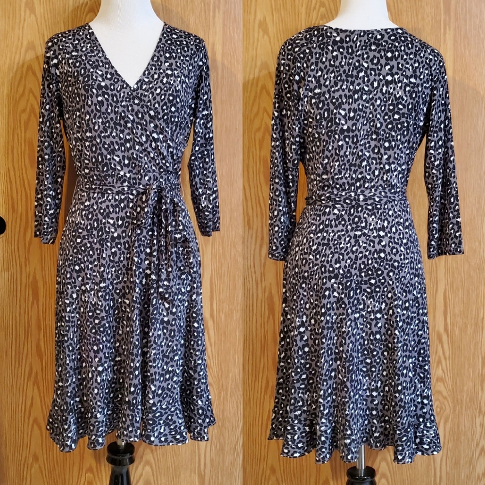 Leota Libby fauxwrap knit dress dark gray animal print stretch polyester size SP